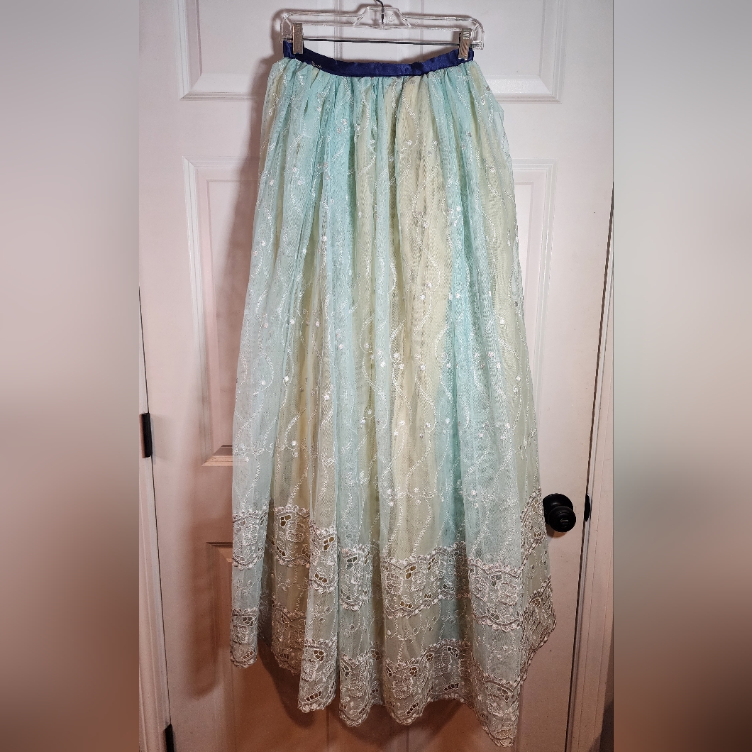 Beautiful Blue White Mesh Lace Overlay Lehenga Maxi Gown Skirt Minor Flaw